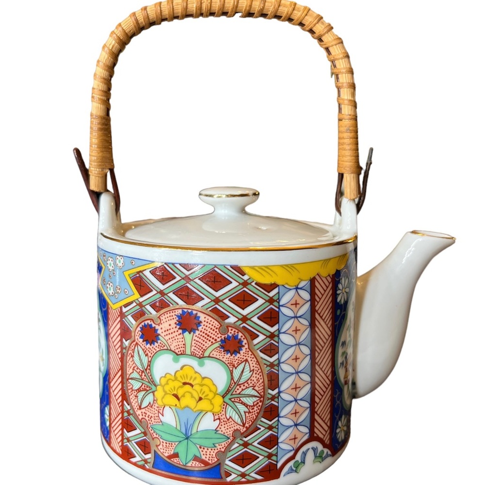 Imari Style Ware Tea Pot Gold Lined Wicker Handle